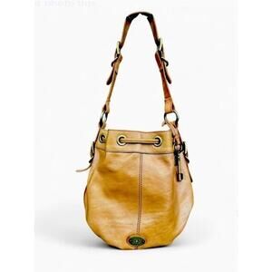 Fossil Tan Genuine Leather Vintage Bucket Bag Shoulder Purse Key Charm Y2K